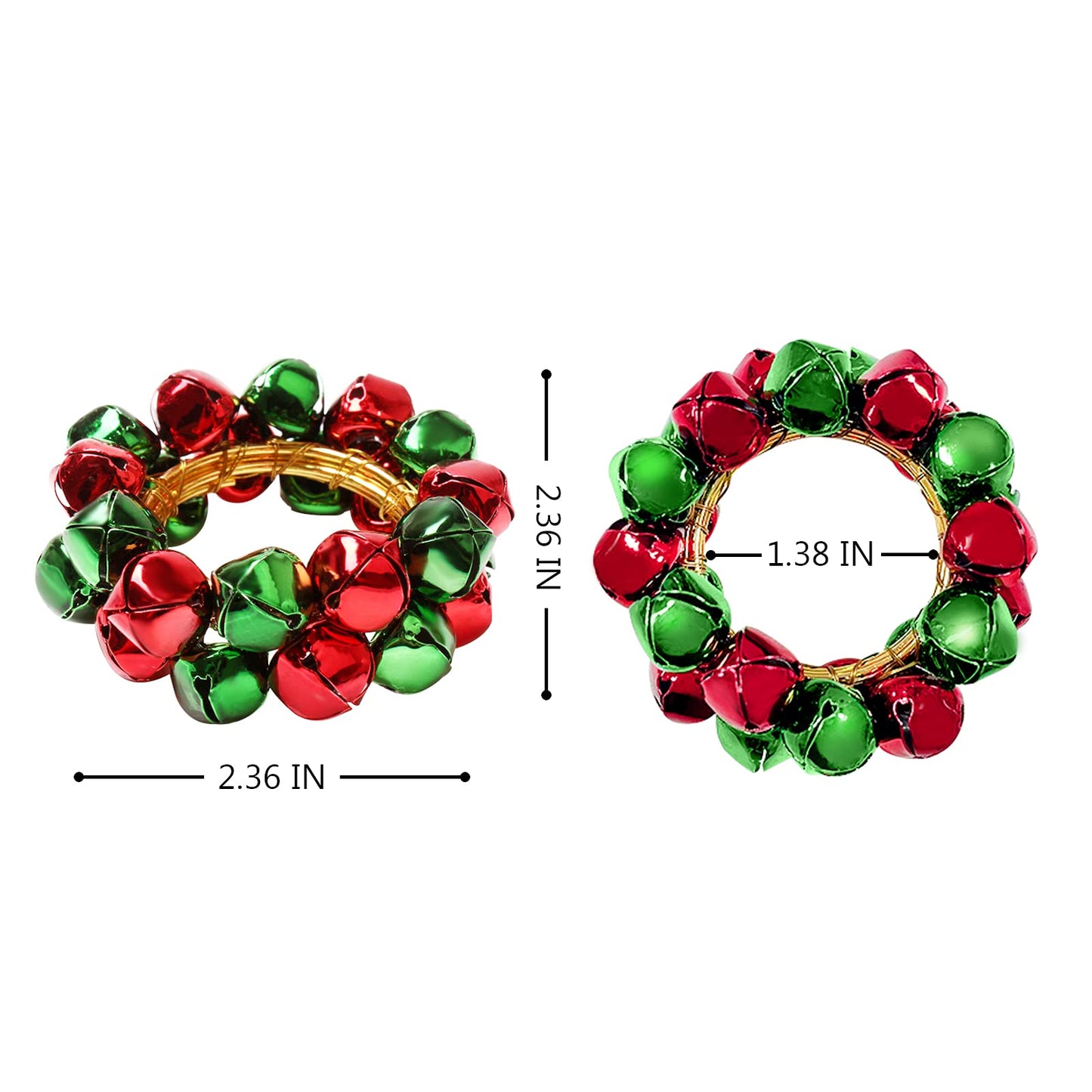 Getfitsoo Christmas Napkin Rings Set of 8, Bells Napkin Rings with Green and Red Bell Gold Buckles for Table Decor, Weddings, Parties