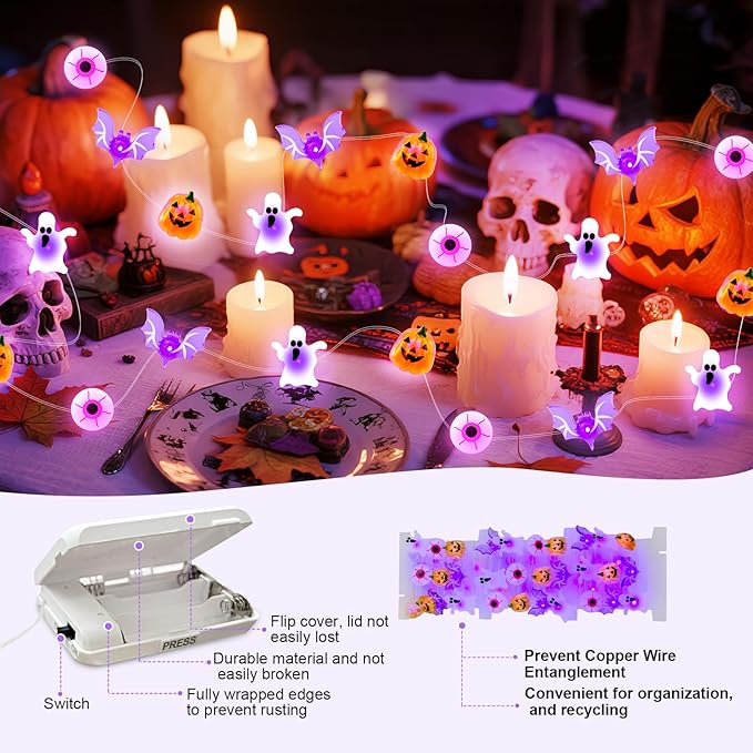Halloween String Lights, 16 ft 50 LED Pumpkin Bat Eyes Ghost Battery Operated Lights for Lawns Garden Outdoor Holiday Party Halloween Decorations (1 Pack)