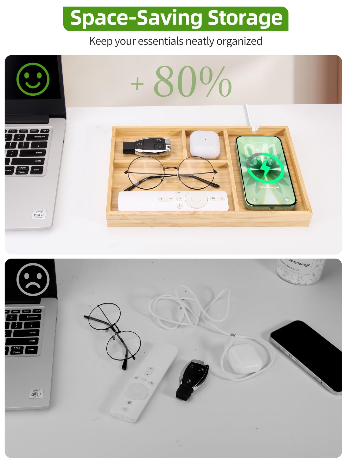 Bamboo Valet Tray with Dual Wireless Charger - EDC Nightstand Organizer for Men - Desk Tray & Catchall for Phone, Watch, Keys - Aesthetic Desk Accessories & Father’s Day Gift for Men (Natural)