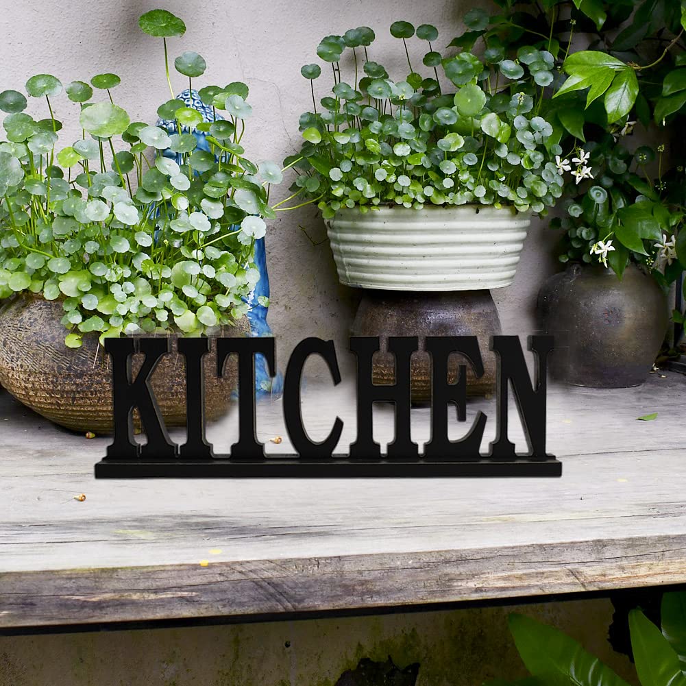Linfevisi Black Wood Kitchen Sign Standing Block Letters Sign Rustic Freestanding Wood Word Decor Decorative Kitchen Table Sign Cutout Word Art Kitchen Shelf Decor (Black Kitchen Sign)