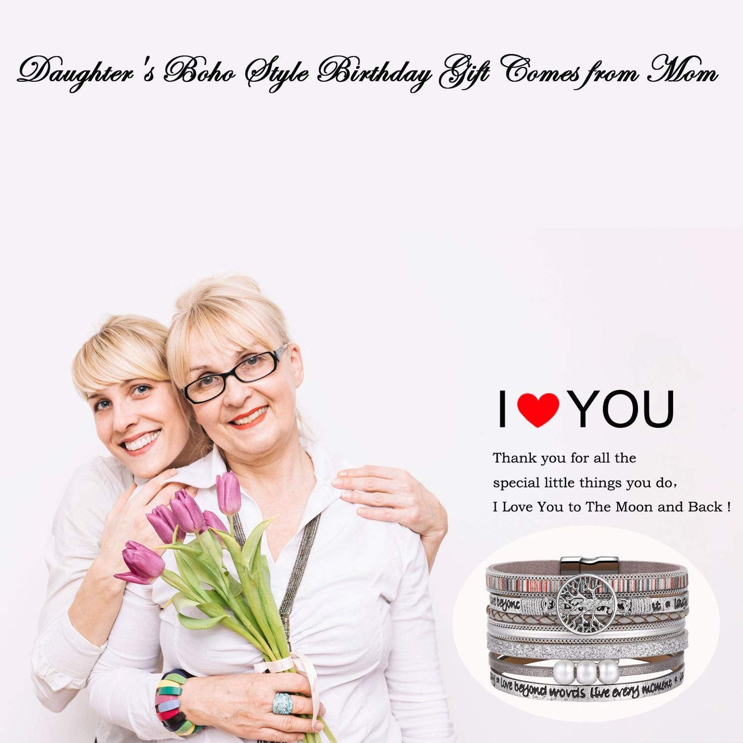 Desimtion Silver Boho Wrap Leather Bracelets for Women Buckle Multilayer Layered Jewelry Gifts Bracelet for Mom Teen Grandma