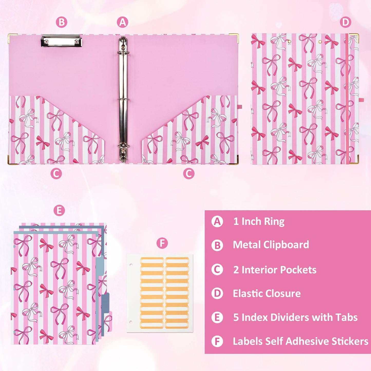 1 Inch 3 Ring Binder with Clipboard, Cute Binder Pink Bow Design, Holds 200 Sheets A4 Letter, Inside Pockets & 5 Tab Dividers, Pretty Classic Pink Binder for School Office Supplies(Pink Striped Bow)