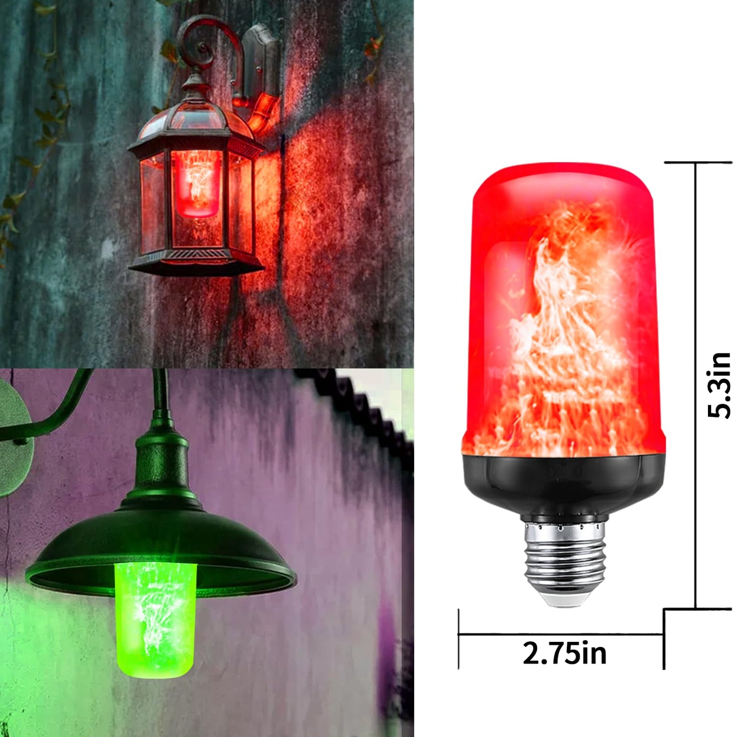 JAHEKS Red Green Flame Light Bulbs, Flickering Light Bulb with 4 Modes Upside Down Effect, 5W E26 Base LED Fire Lights for Christmas Halloween, Indoor Outdoor Party Home Patio Porch Decor
