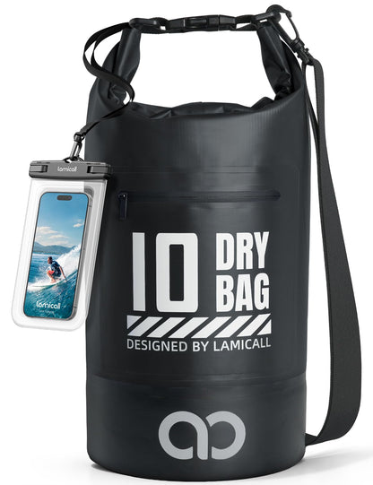 Lamicall Waterproof Dry Bag with Phone Pouch - 5L/10L/20L/30L/40L Floating Roll Top Backpack for Kayaking Boating Beach Camping Fishing - Heavy Duty 500D PVC Marine Dry Sack for Men, Women, Black 10L