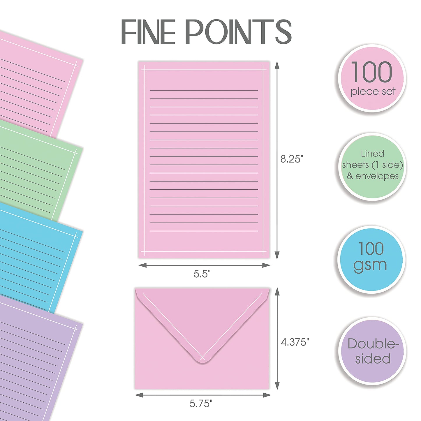 Better Office Products Mini Stationery Set, 100 Piece Set (50 Lined Sheets + 50 Matching Envelopes), 4 Solid Colors, Thin White Border, 5.5 x 8.25 inch, Double Sided Printing, One Side Lined Paper,