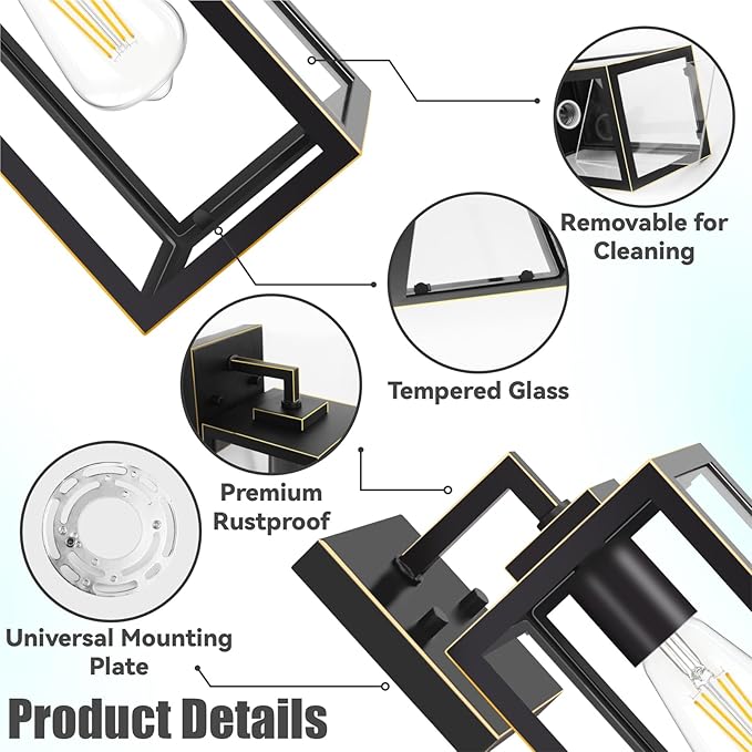 Outdoor Wall Light Fixture, Black Exterior Lantern with Clear Tempered Glass for Front Porch, Gold Trim Design, 2-Pack, E26 Base, Lanterns for Lighting, Lights for Wall mounting