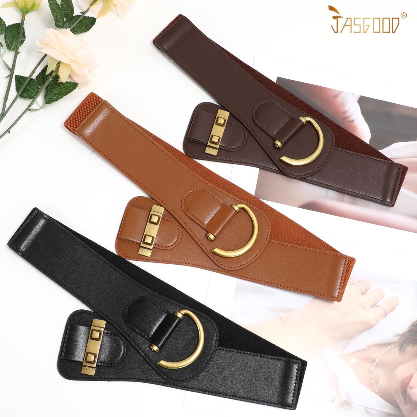 JASGOOD Women's Vintage Stretchy Waist Belt Elastic Wide Waistband for Dresses
