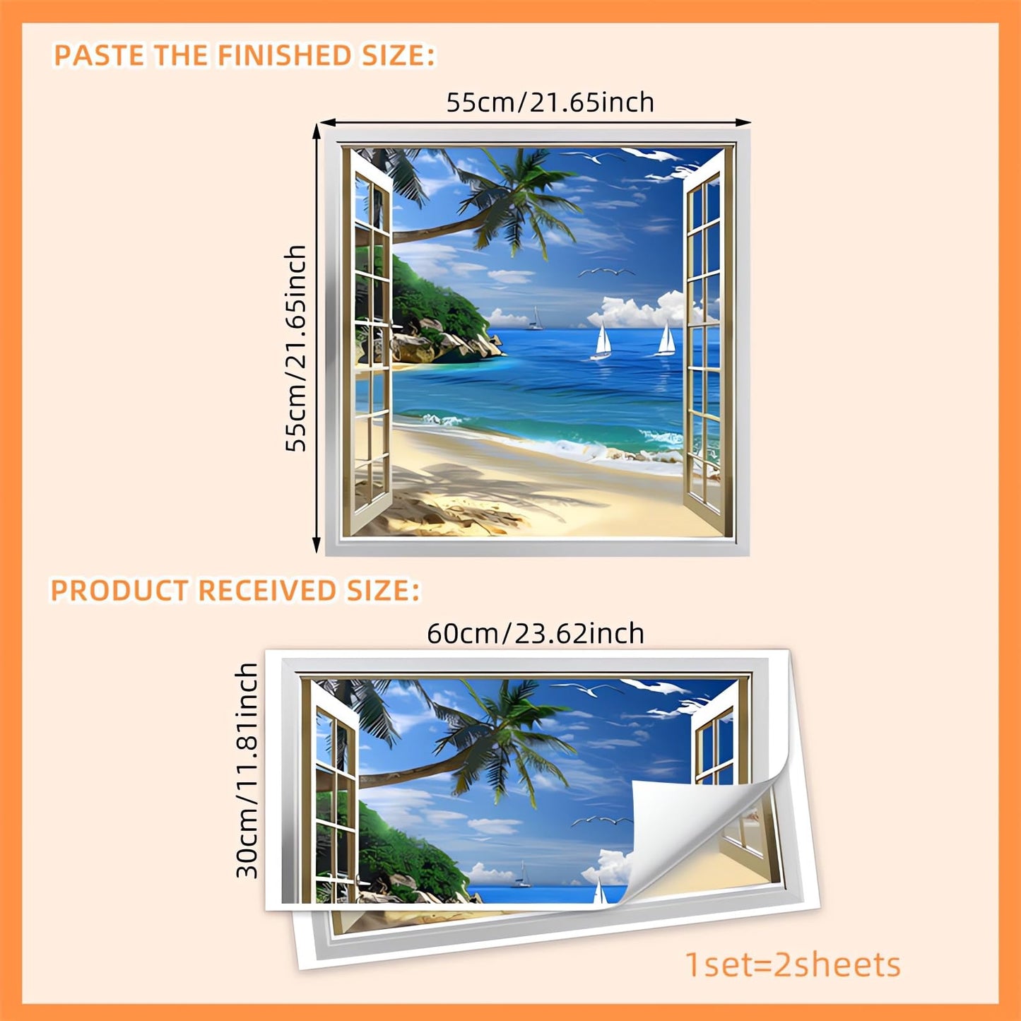 Seafront Beach Coconut Tree Fake Window Wall Stickers, sacinora 3D Seashores Seascape Wall Decals Removable Vinyl Peel and Stick Living Room Bedroom Art Home Decorations