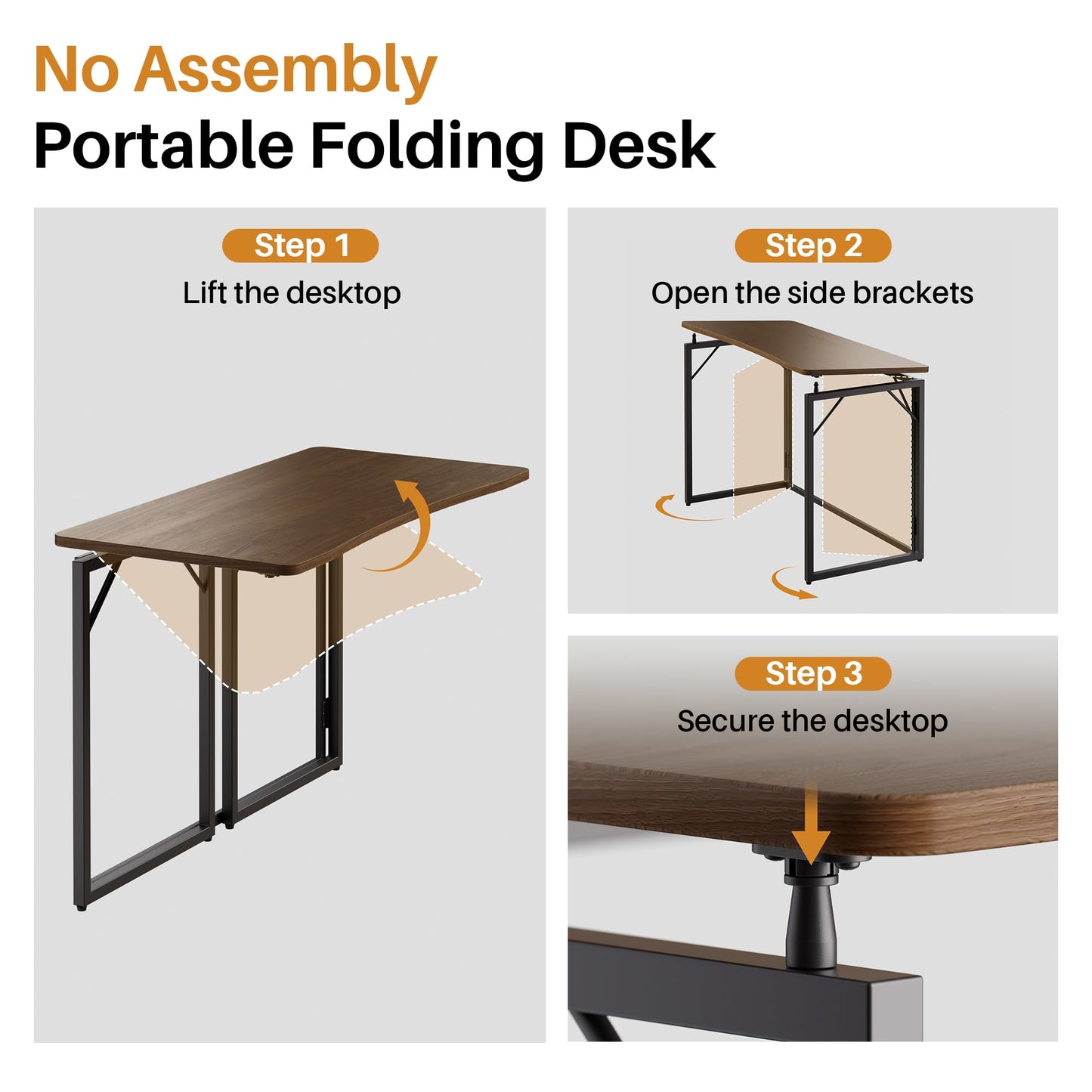 JOYMOOP 31.5" Folding Desk - Brown, No Assembly Small Foldable Desk for Home, Office, Wooden Top Folding Computer Desk for Working, Writing, Studying
