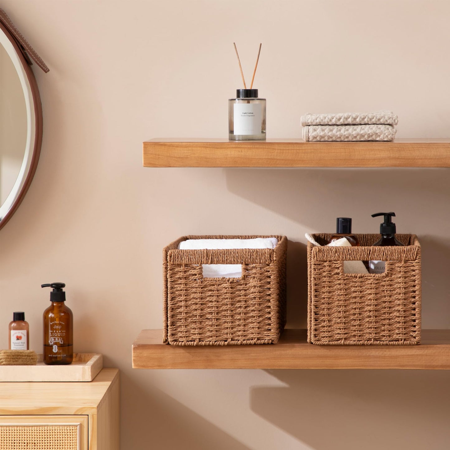 UBBCARE 2 Pack Wicker Basket, 13.4L×8.3H×7.1W inch Woven Paper Rope Storage Baskets for shelves, Foldable Rectangular Storage Baskets with Handle, Storage Basket for Organizing, Caramel