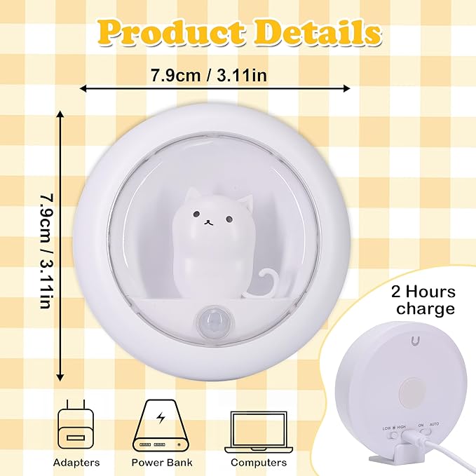 Attivolife Cat Magnetic Motion Sensor Light, Rechargeable Locker Night Lamp Dimmable, Warm White LED, Bedroom Hallway Stair Bathroom Kitchen