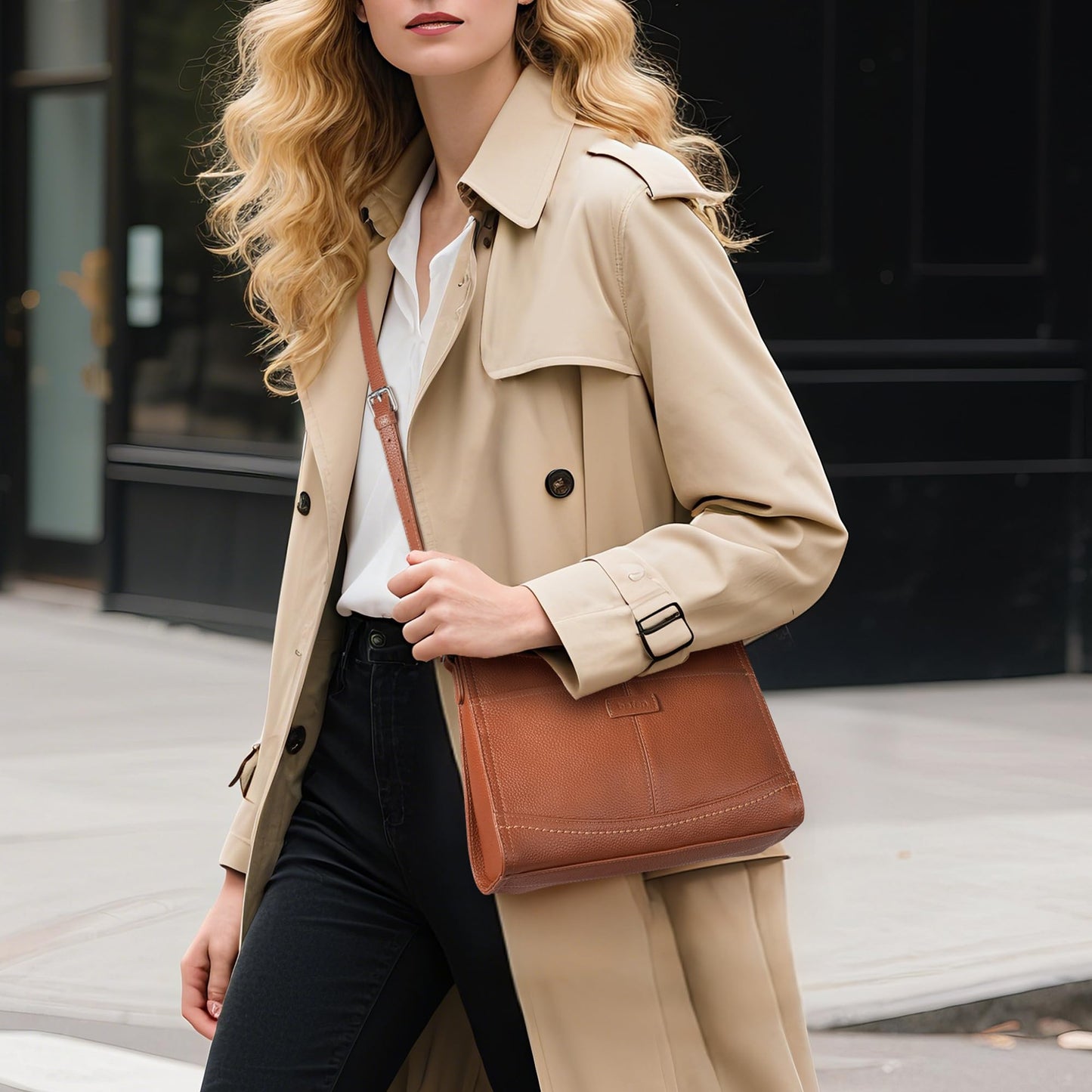 befen Real Leather Crossbody Purse for Women, Women's Small Leather Purses Cross Body Bag with Built in RFID Blocking Wallet Cognac Brown