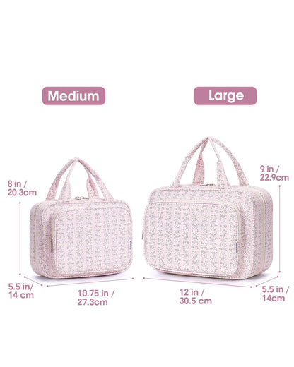 Narwey Travel Toiletry Bag for Women Large Hanging Makeup Bag Organizer Toiletries Bag for Full Size Essentials Accessories Cosmetics (Pink Flower Buds (Large))