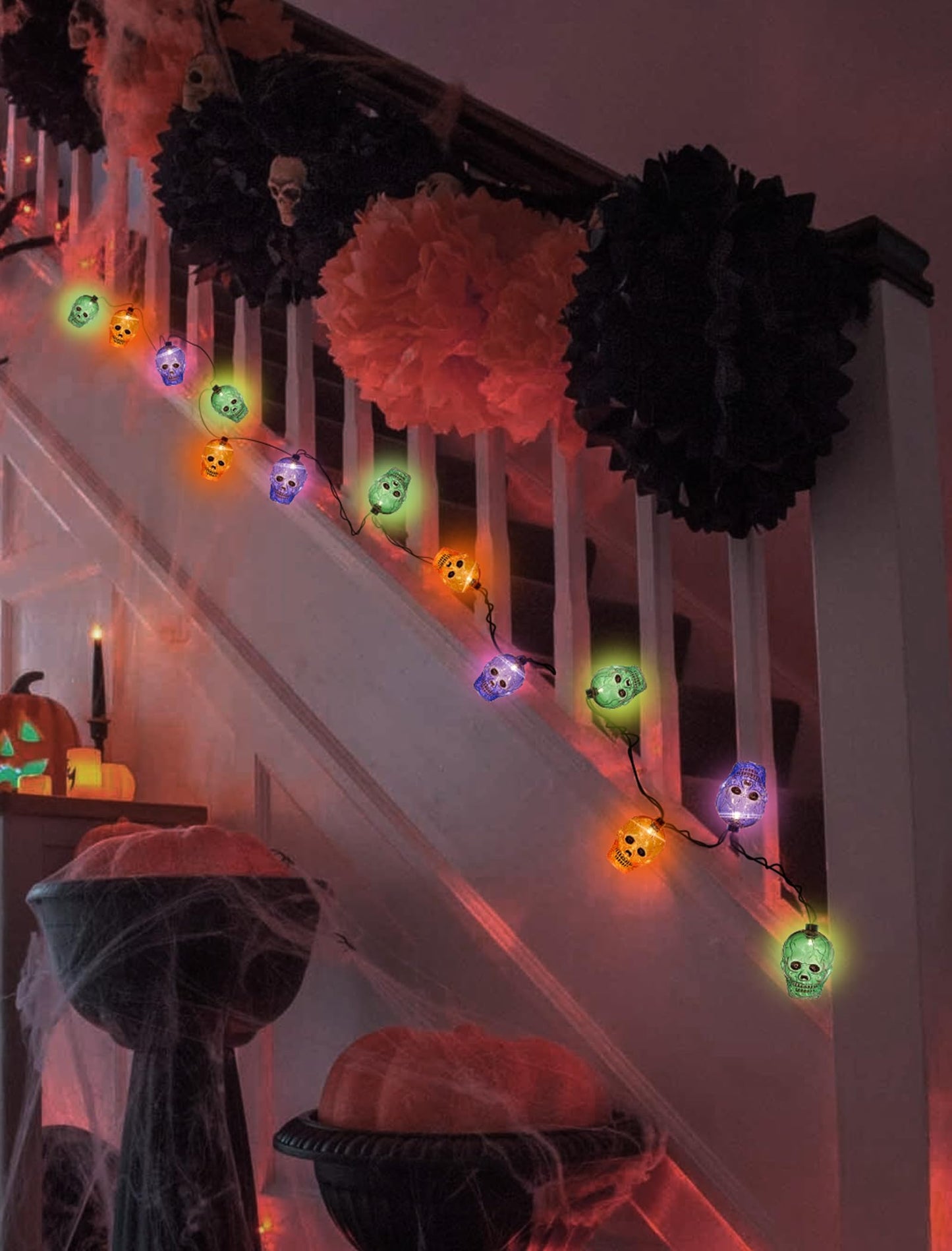 Halloween Skull String Lights Outdoor, 8.5Ft Ghost Head Lights with 10 LED Orange Green Purple Skull Head Lights, Hanging Halloween Decoration Skeleton Light for Patio, Porch, House, Party Decorations