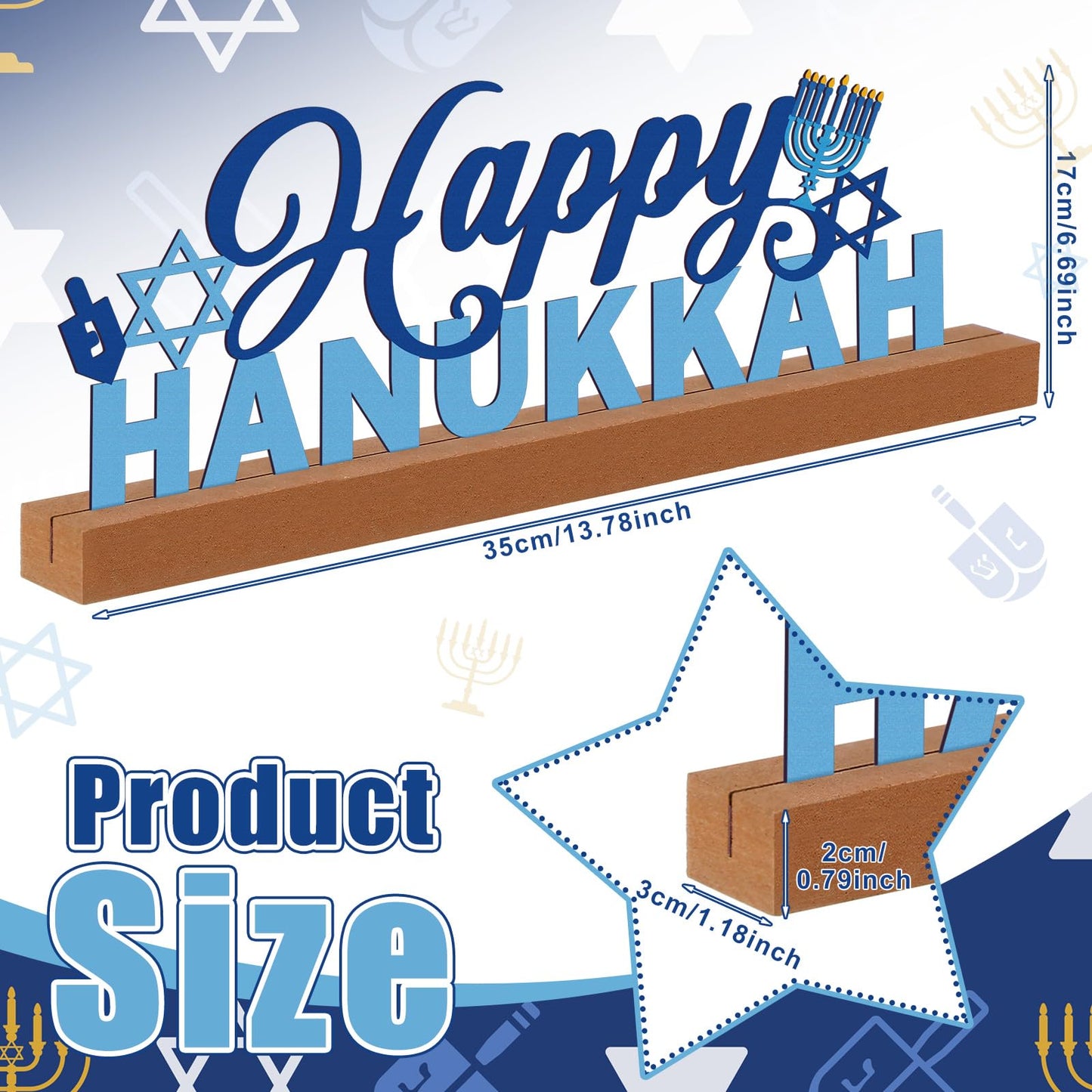 Yaocom 13.78 Inch Happy Hanukkah Table Decoration Happy Hanukkah Metal Letter Sign Star of David Freestanding Tabletop Centerpiece with Wooden Base Cutout Word Sign for Home Mantel Shelf Fireplace
