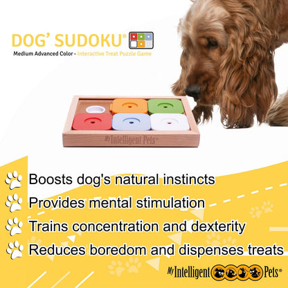 My Intelligent Dogs Interactive Sudoku Puzzle for Small Dogs and Cats - Advanced Brain Pet Toy - 6 Treat-Hiding Holes, Medium Wood and Plastic Design