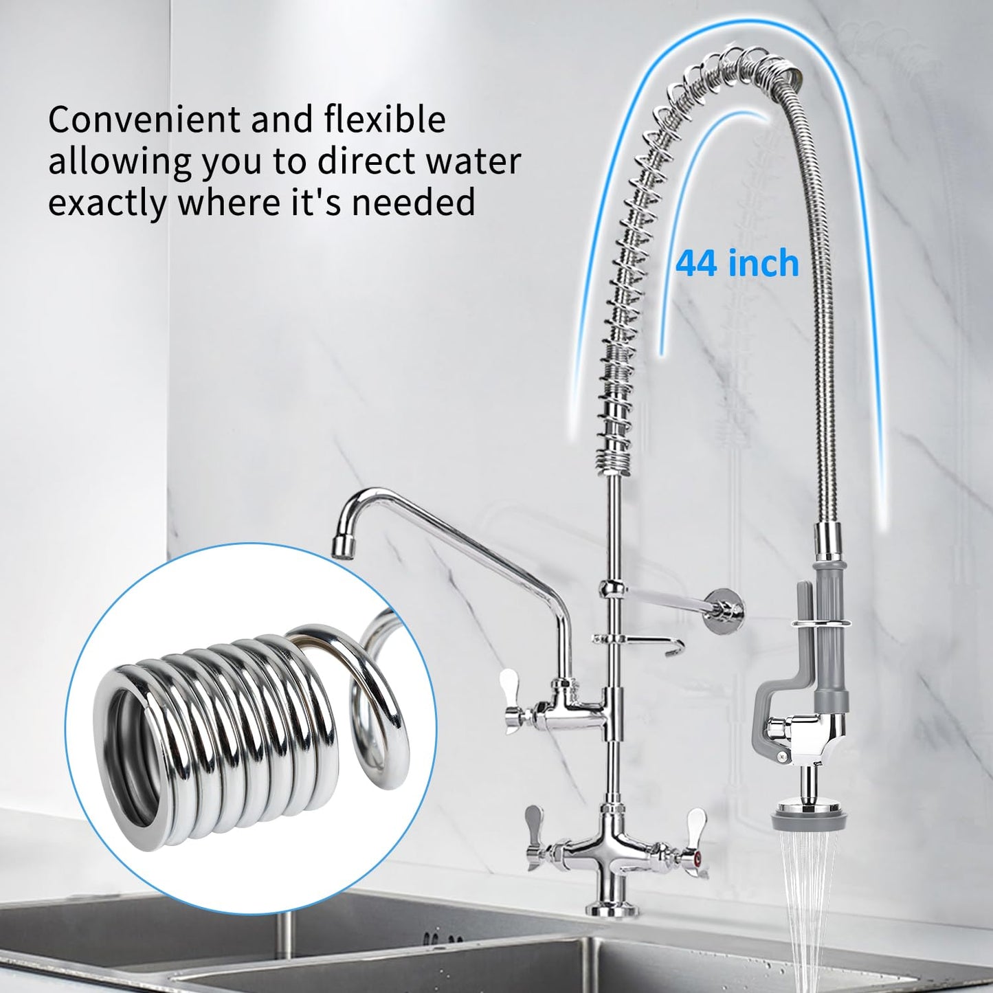 Spray Valve with 44inch Flexible Hose & Pre Rinse Spring Replacement Kit for Commercial Kitchen Sink Faucet 1.42GPM High-Pressure Restaurant Dish Sprayer Stainless Steel Hose & Overhead Spring (Grey)