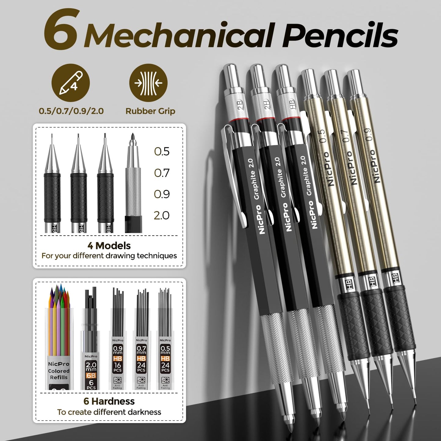 Nicpro 52PCS Art Drawing Supplies Kit, Metal Mechanical Pencil Set 0.5, 0.7, 0.9 & 2mm, 9x12 Sketch Book, 12 Fineliner Pens, 20 Tubes Leads, School Supplies Drawing Kit for Artist Adults Sketching