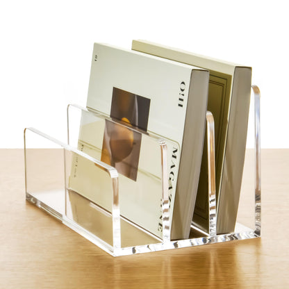 AIMOLLY 3 Compartments Clear Acrylic Mail Holder – Vertical Letter Sorter & Multifunction Desk Organizer for Bills, Documents, Notebooks – Modern Office/Home Envelope File Rack