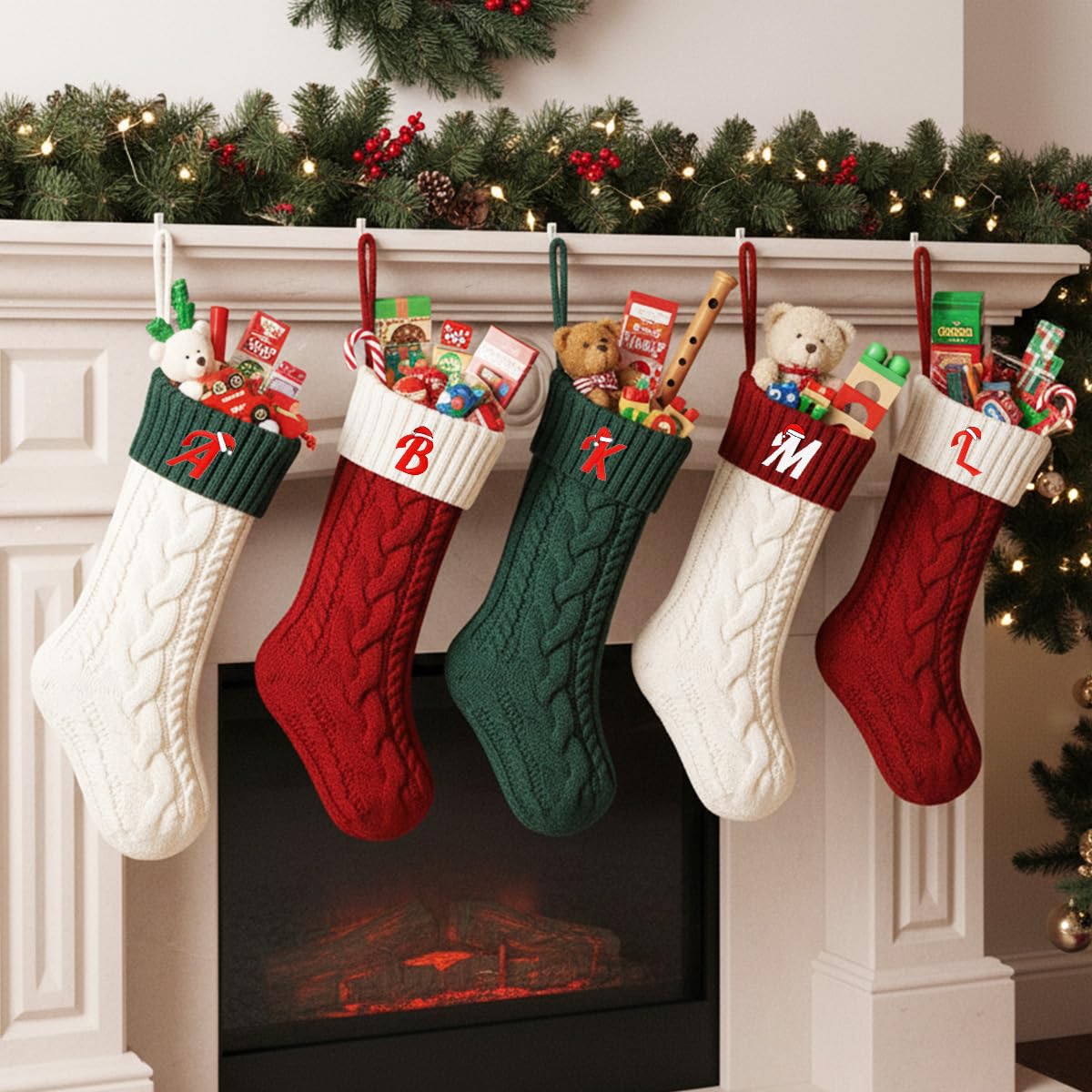 Ulico 18’’ Large Christmas Stockings with Initials, Embroidered Monogram Knit Letter Stocking,Xmas Stocking for Kids, Holiday and Family Stocking for Fireplace or Party Decoration,Green White L