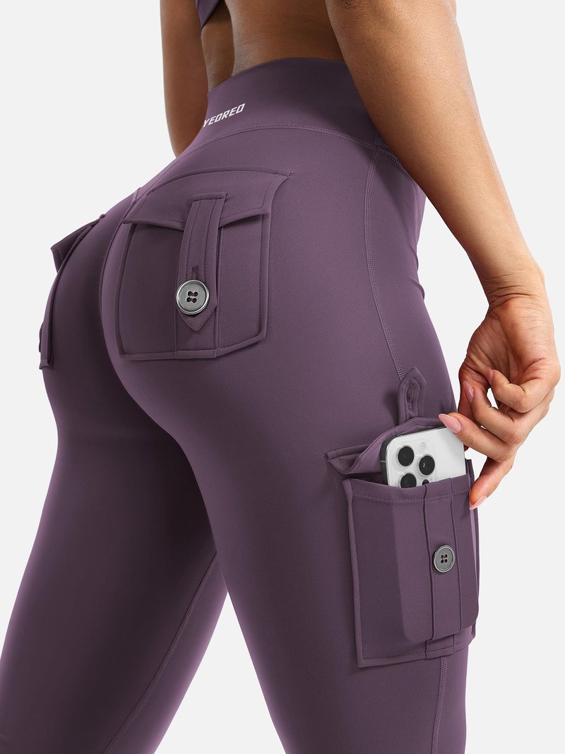 YEOREO CoreFlex Women Workout Flare Leggings with Pockets Hidden Scrunch Cargo Gym Yoga No Front Seam Leggings Black Berry Purple XXL