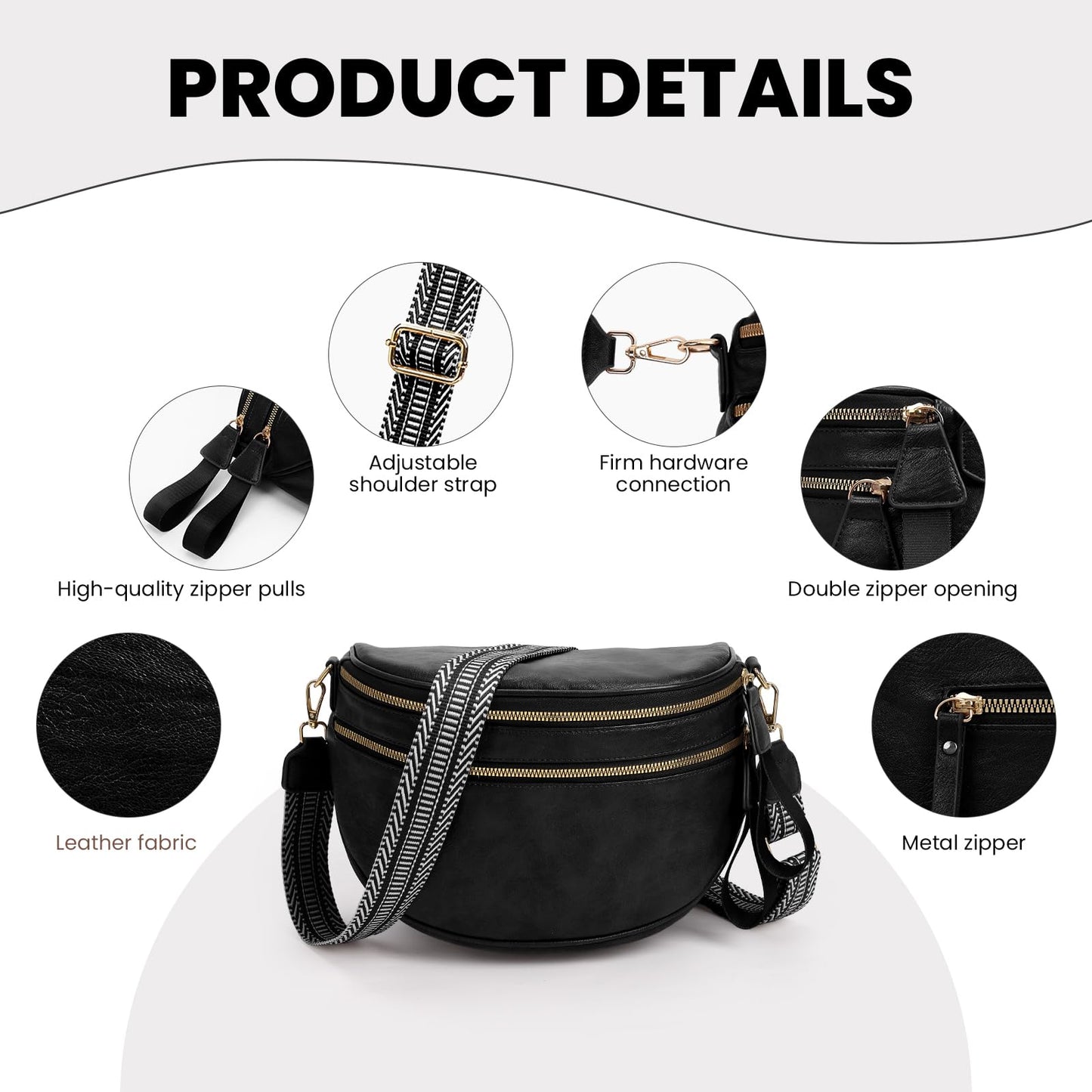 Leather Crossbody Fanny Pack Trendy Bum Bag Double Zip Multi Compartment with 2 Adjustable Straps Daily Belt Purse for Women