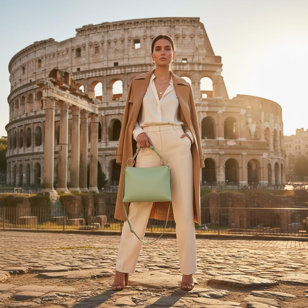 Italian Calf Leather Shoulder Bag for Women | Rectangular Handbag Purse with Zipper, Top-Handle & Crossbody Strap (Sage Green)
