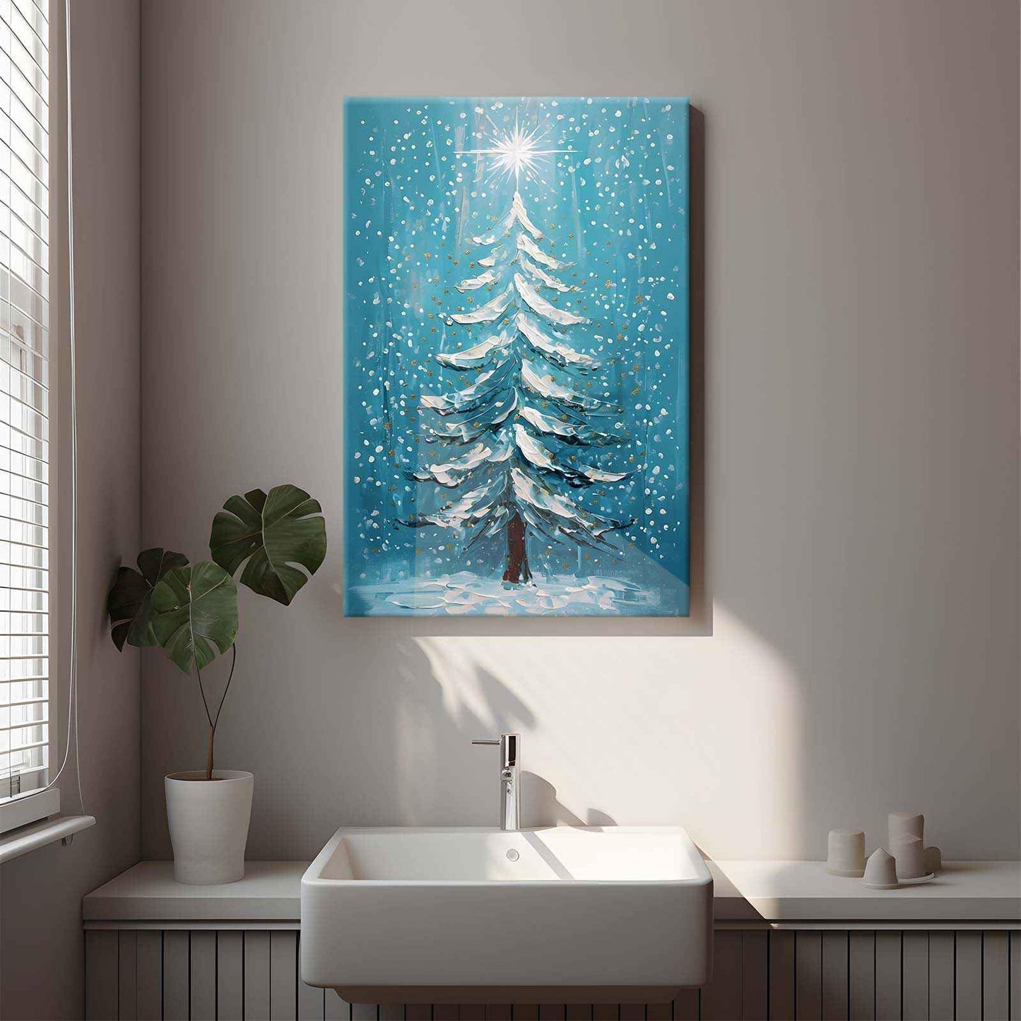 Framed Canvas Wall Art Blue Christmas Tree Print Merry Christmas Wall Decor Holiday Nature Gift Holiday Poster 8x12in Wood Framed