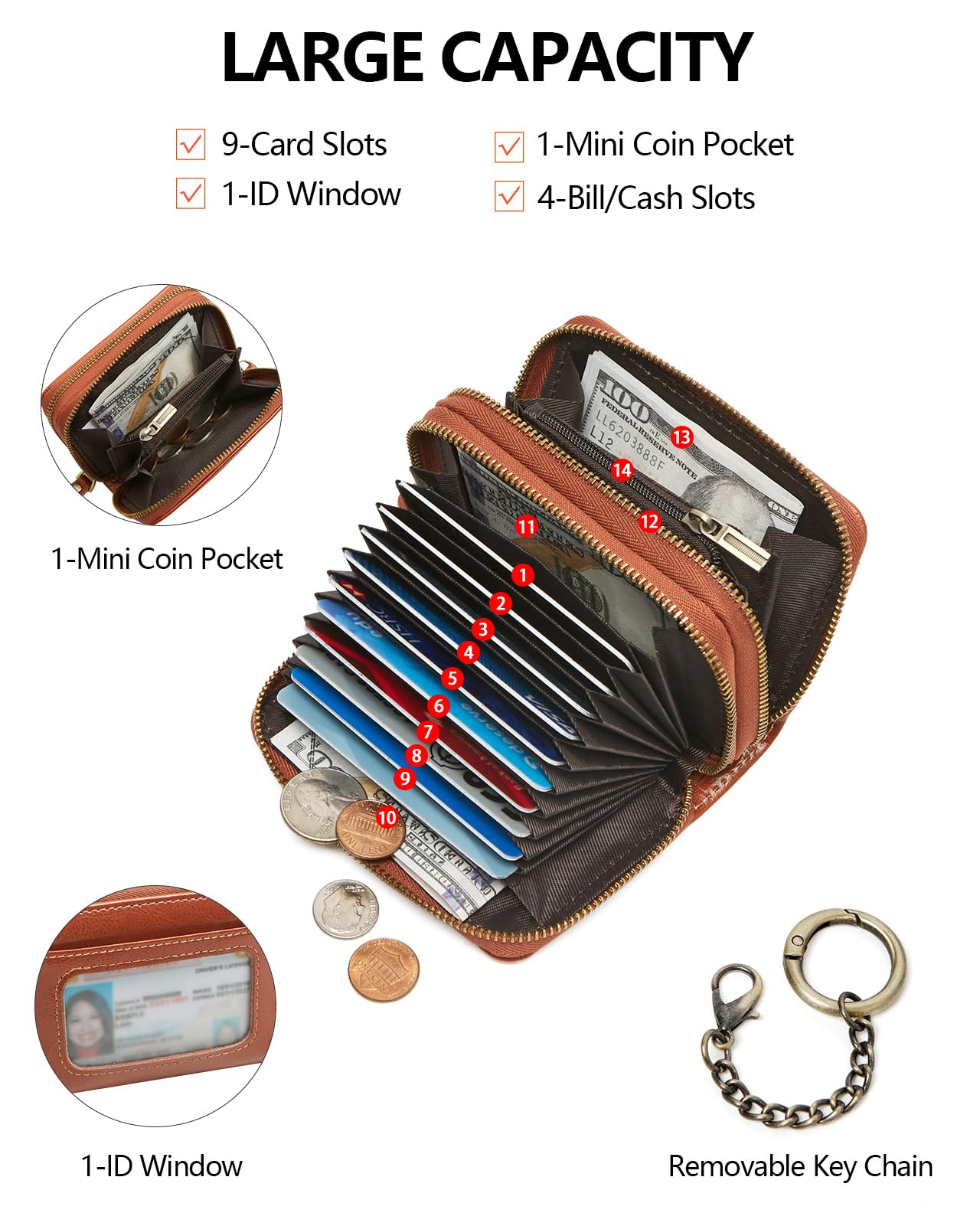 TFKGS Credit Card Holder for Women RFID Wallet Leather Womens Wallet with Zipper Blocking Keychain Card Accordion Wallets Gifts for Women Brown