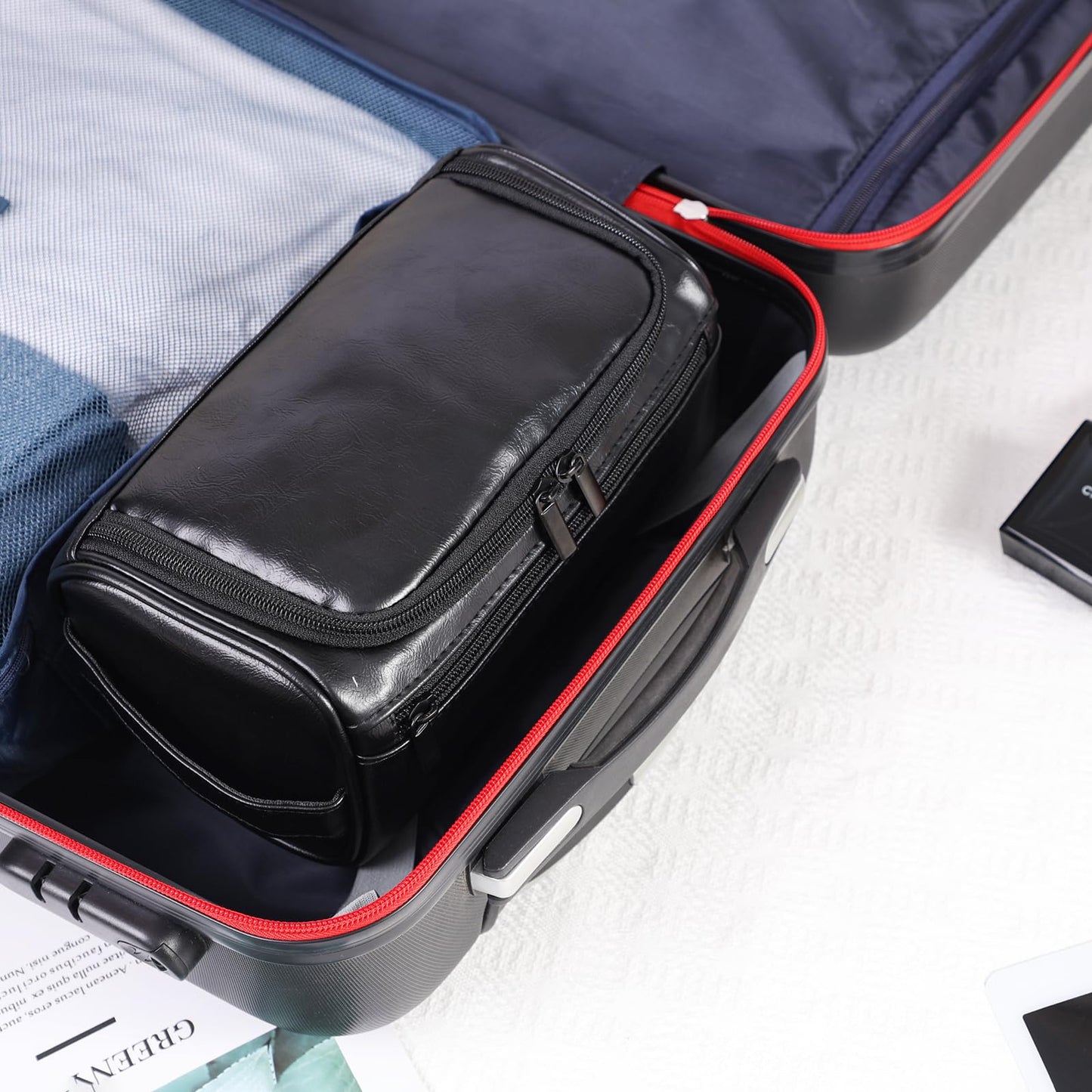 Seozata Toiletry Bag for Men, Hanging Travel Shaving Dopp Kit for Men and Women, Water-resistant Toiletries Organizer Bags, PU Leather Cosmetic Bags for Makeup Accessories (Black)