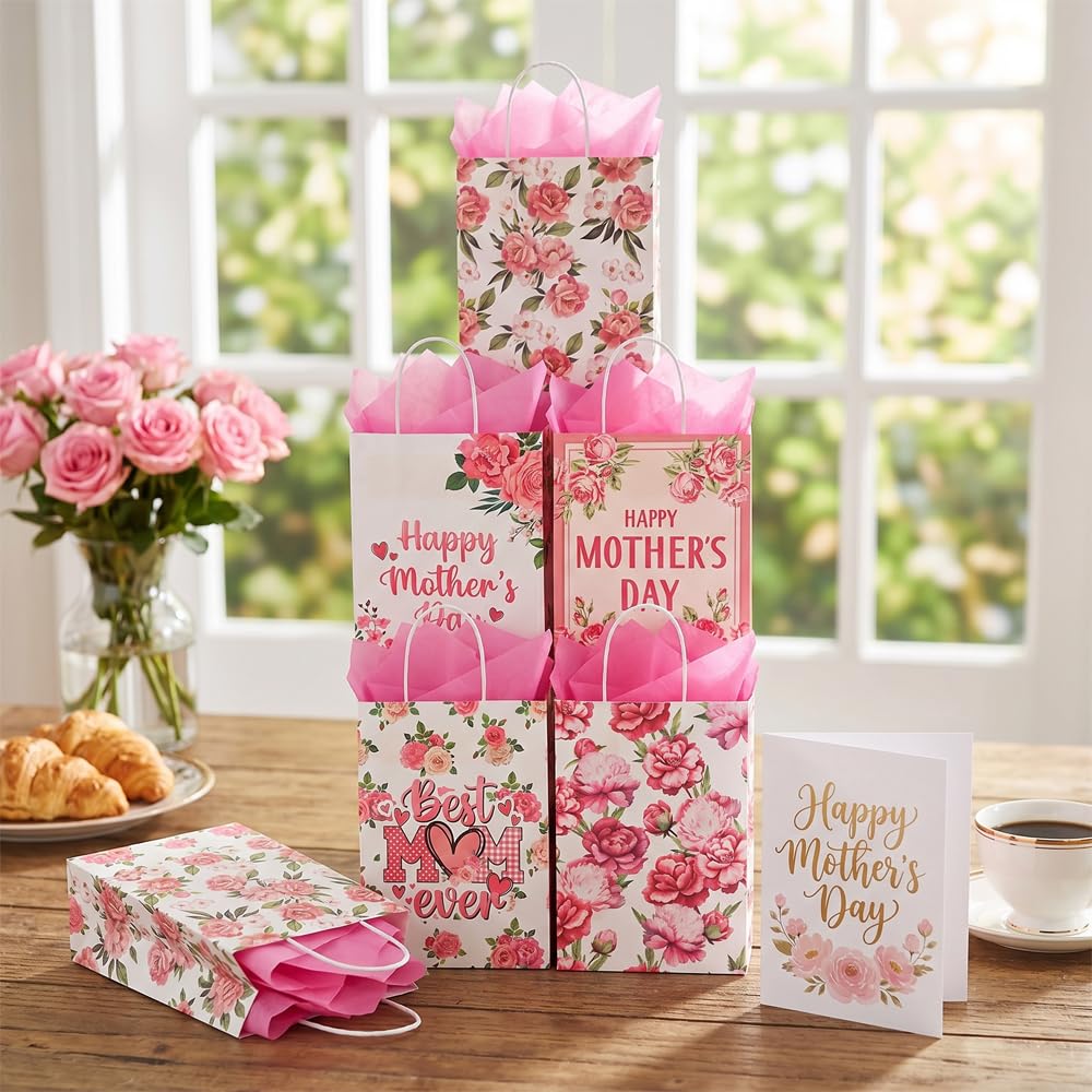 CMSSHUAI 20 Pcs Mother's Day Bags with Tissue Paper，Medium Small Mothers Day Bags with Handles Floral Mothers Paper Bags Treat Bags Candy Bags Bulk for Mom Grandma Wife Women