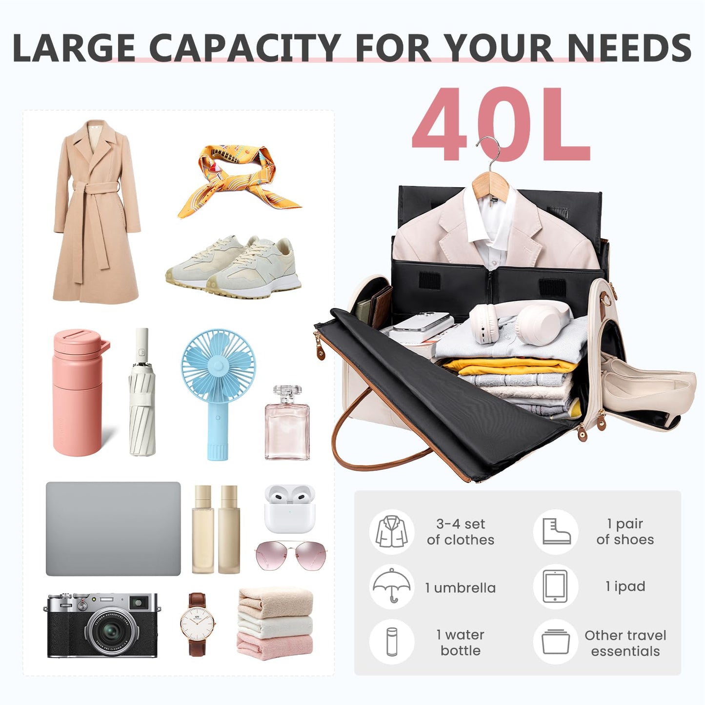 Convertible Garment Duffle Bag for Travel, Carry On Garment Bag for Women, 2 in 1 Travel Garment Bag with Shoe Compartment, Foldable Suit Travel Bag for Hanging Clothes, Beige