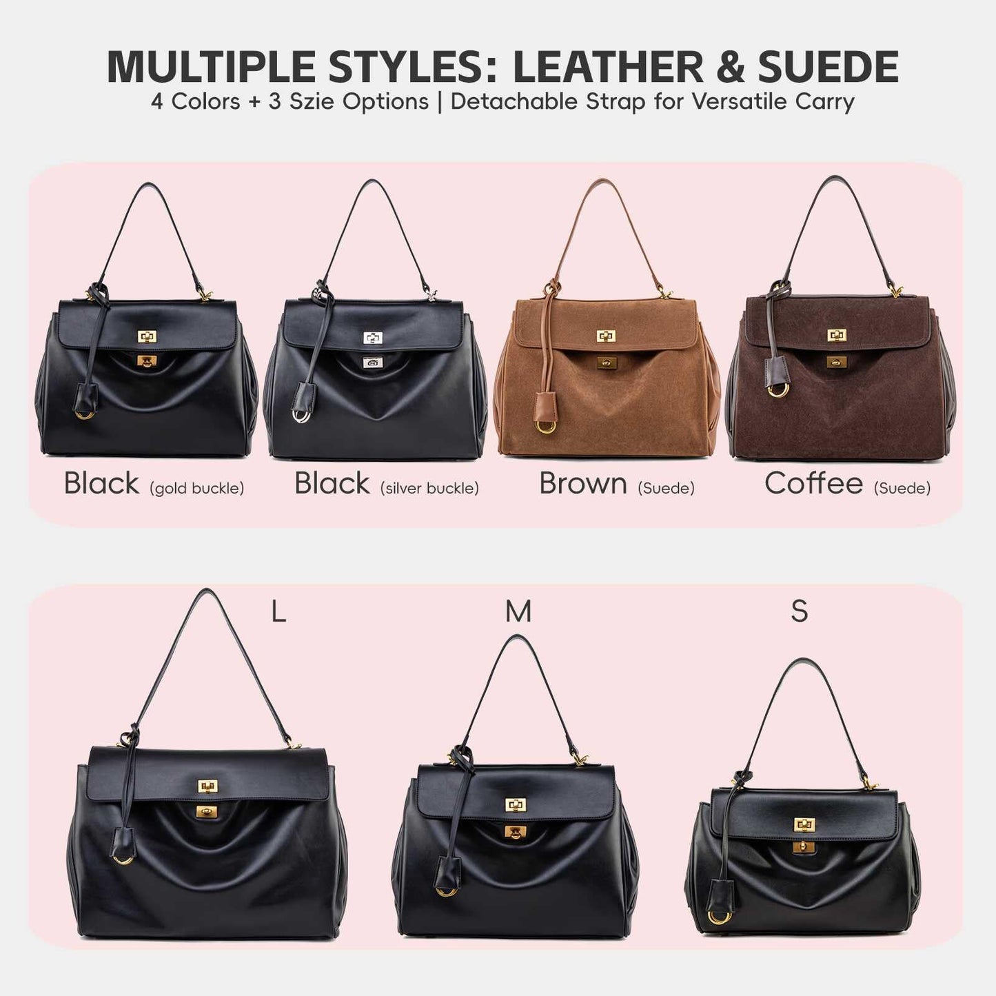 NGGU Black Leather Tote Bag for Women,Soft Leather Shoulder Handbags for Ladies,Satchel Purse for Travel Work & Medium & Black Leather & Gold Clasp