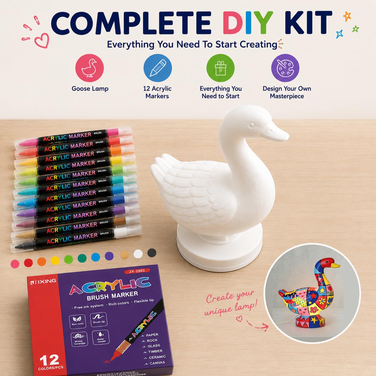Eastyle DIY Paint Lamp Kit for Kids & Adults - USB Powered Goose Night Light with Lamp Painting Kit & Markers - Creative DIY Crafts for Teens & Unique Paint Gift for Birthday, Room Decor & Art Lovers