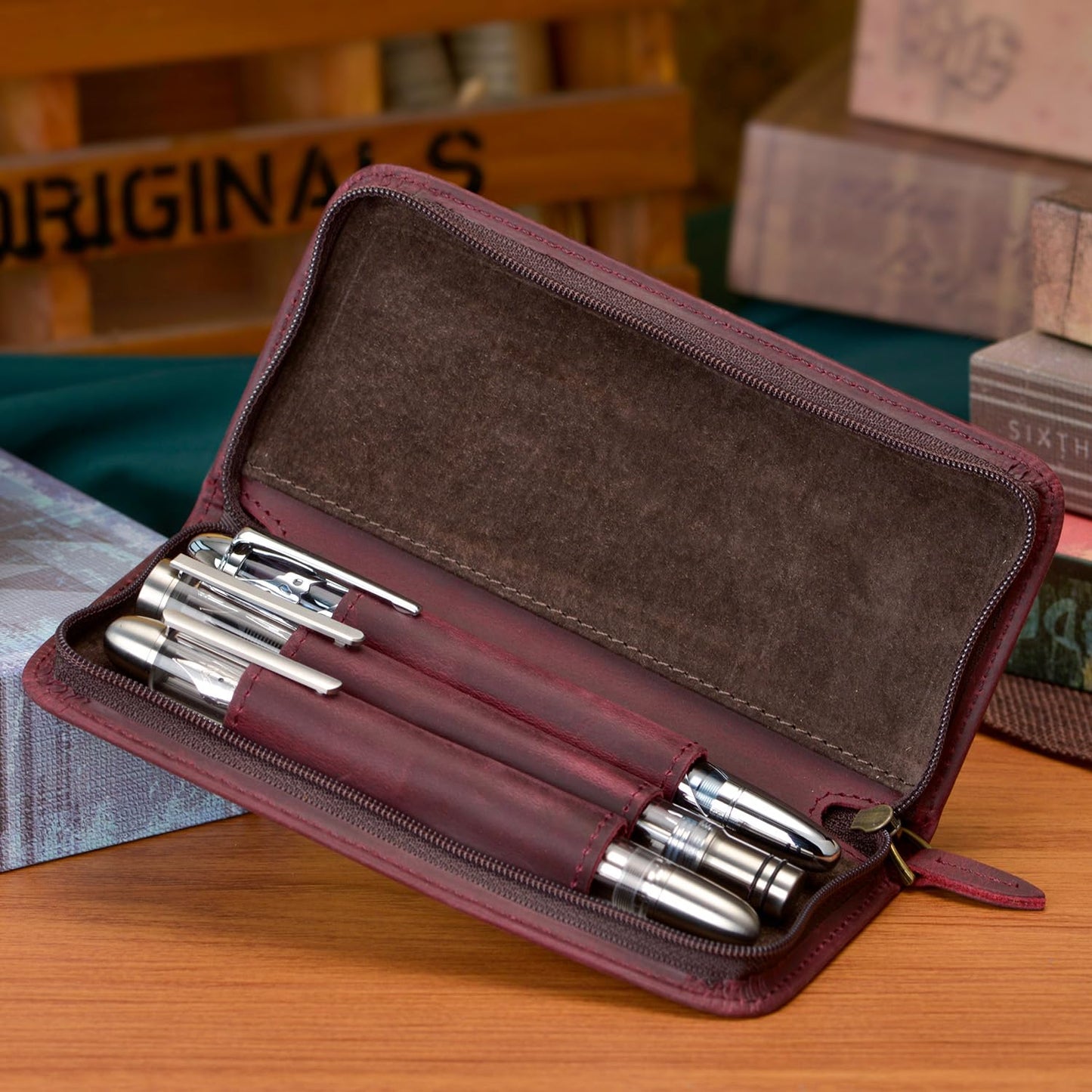 Asvine Fountain Pen Case 3 Divided Slots Crazy Horse Leather Pen Holder, Handmade Display Zippered Pouch for Rollerball Pen-Wine