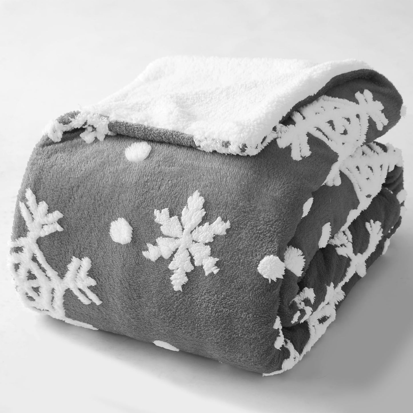 Sherpa Throw Blanket for Couch - Grey Blanket, Snowflakes Pattern, Warm Winter Cabin Throw, Premium Microfiber & Soft Touch, Plush & Fluffy, Warm & Cozy for Sofa and Bed, 50"x60", Grey