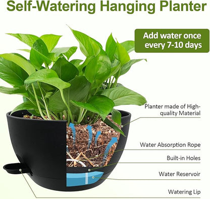 WOUSIWER Self Watering Hanging Planters, 2 Pack 12'' Plastic Pots with Drainage Holes & Reservoir Tray (Black) | Indoor & Outdoor Use for Ferns, Ivy, Herbs, Succulents