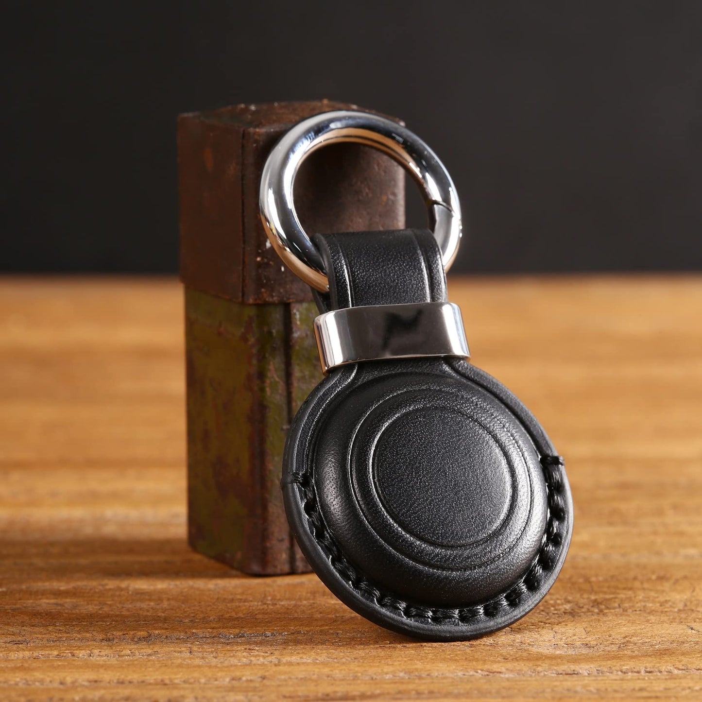 KEEPXYZ Genuine Leather Keychain Holder Compatible with Airtag, Secure for Air Tag Keychain Holder Case Cover Key Chain Ring Accessories - Black V2.0