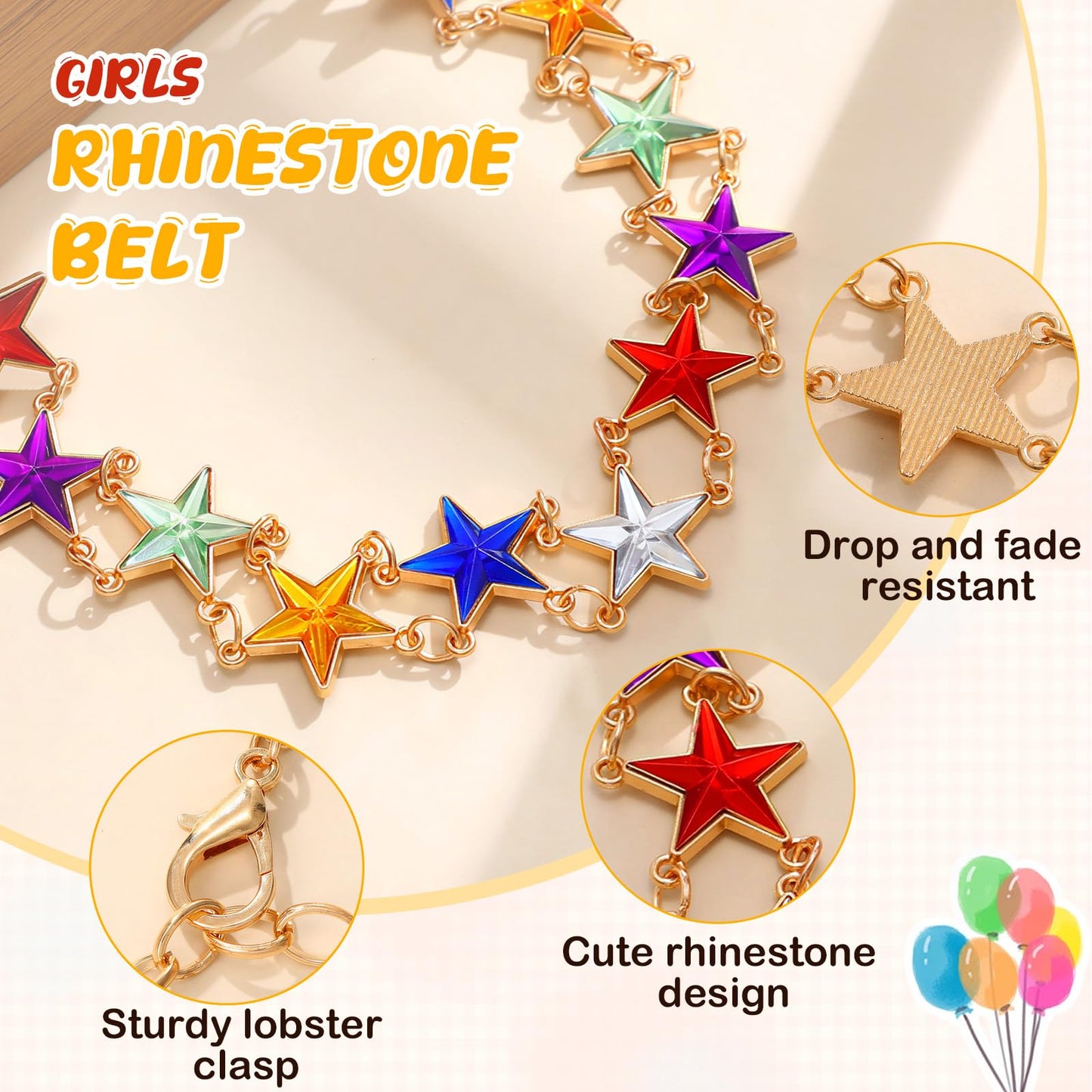 JKEEMI Girls Belt Gold Chain, Kids Adjustable Colorful Rhinestone Metal Waist Chain Belts for Girl Dresses Jeans Gifts