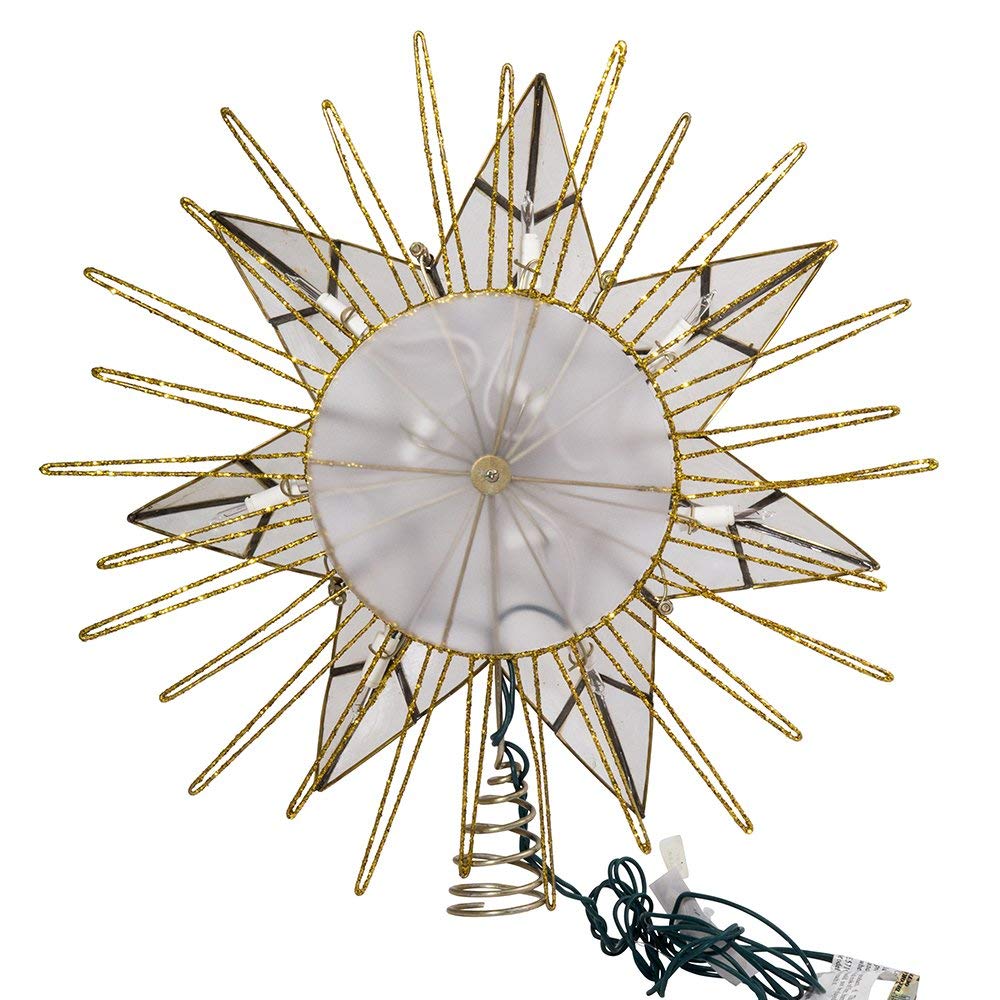 Kurt Adler 12" 7-Point Natural Capiz Lighted Tree Topper | Christmas Tree Star Topper | Gold Tree Topper Star with Lights | Light Up Star Christmas Tree Topper w/Wire Rays Accent (12 Inches, Gold)