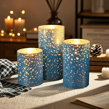 Flameless Blue Mercury Glass LED Pillar Candles with Remote and Timer, Battery Included, Flickering Warm White Light, Set of 3 for Christmas, Holiday, Home Décor, Weddings, Parties