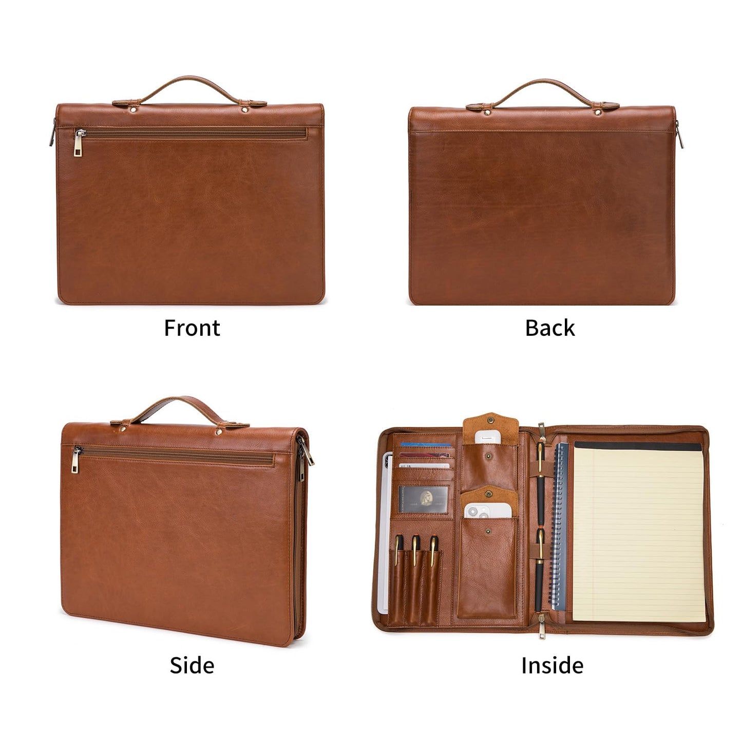 Geslun Genuine Leather Portfolio with Hidden Handle, Zippered Front Pocket, Business Padfolio for Men and Women, 8.5 x 11 Legal Pad Notebook Holder, Office Letter Notepad Folio, Oil Tanned
