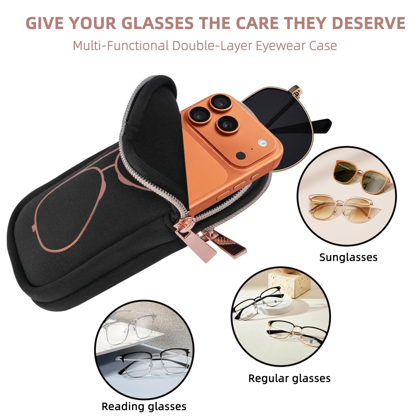 popolov Double Eyeglass Case Soft,Portable Dual Glasses Cases with 2 Compartments Zipper Closure for Men Women Travel