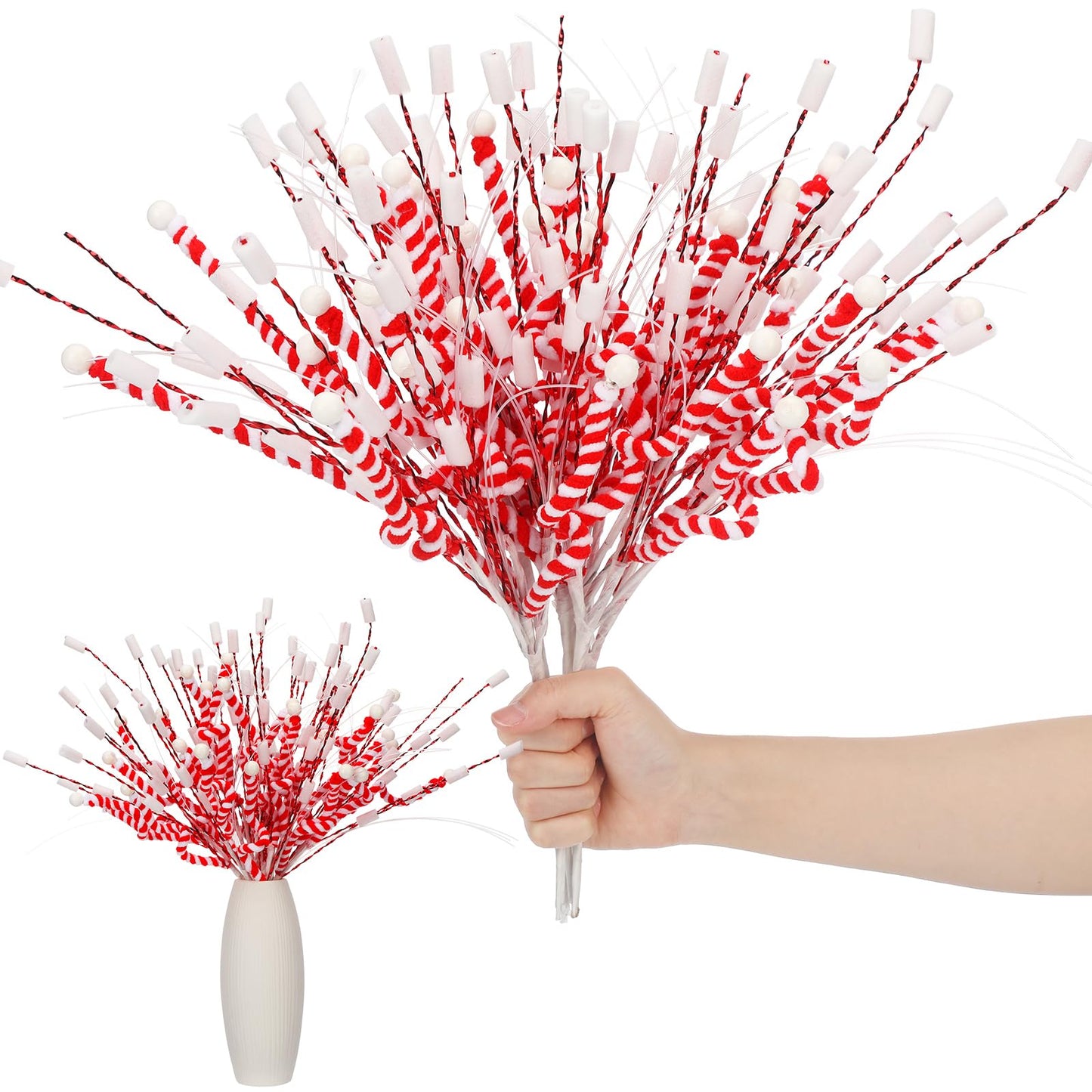 Suncalla 6 Pcs Valentine's Day Tree Decorations 16'' Red and White Stripes Valentines Picks Peppermint Candy Cane Curls Picks Warm Woolen Sticks Tree Topper Ornaments for Vase Wreath Garland Craft