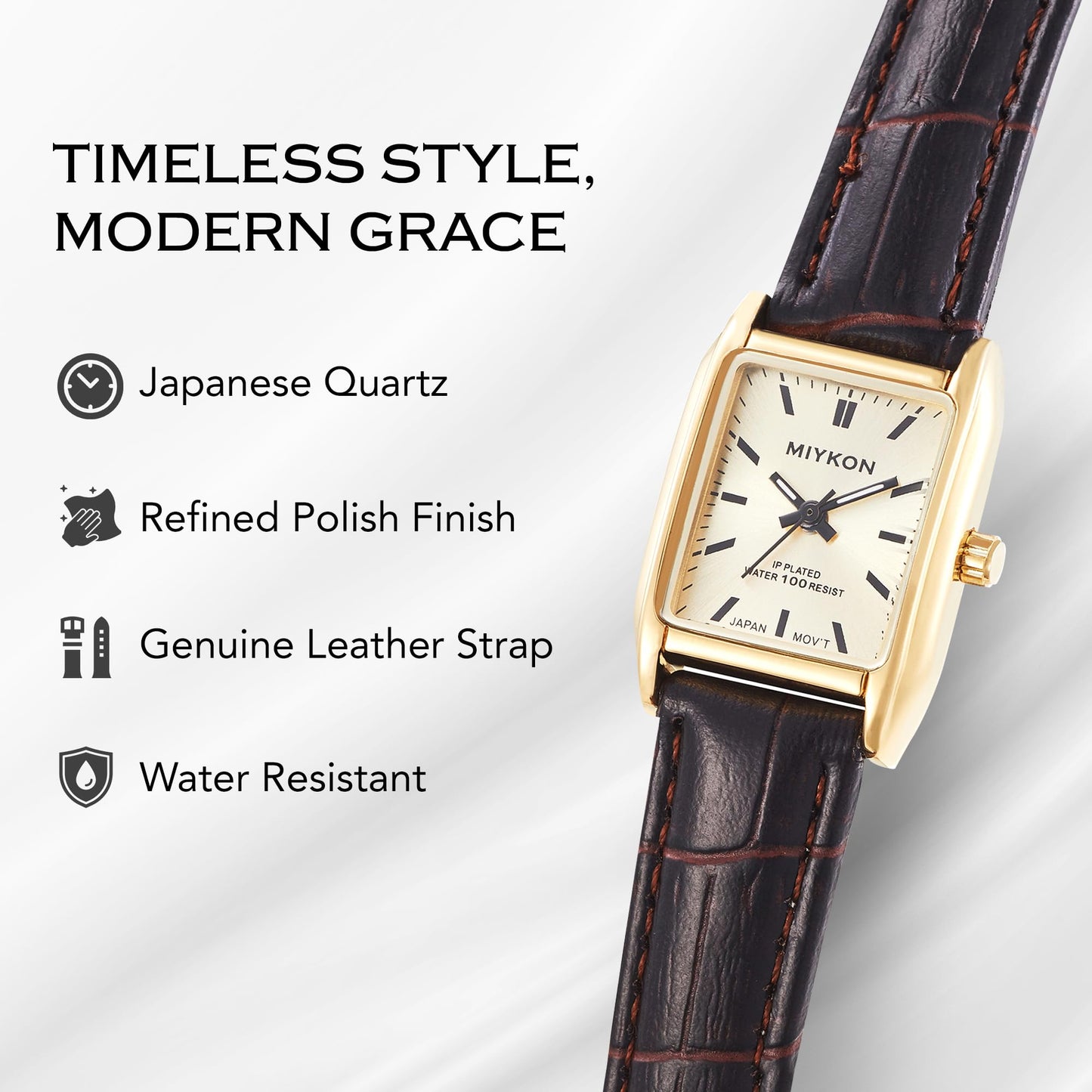 Miykon Gold Vintage Watches for Women - Small Dainty Tank, Square Womens Watch with Brown Genuine Leather Strap - Second Hand, Japanese Quartz, Waterproof to 100ft