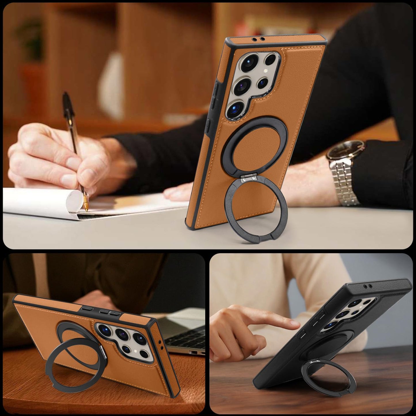 Newhalper Magnetic PU Leather Case Fit for Samsung Galaxy S24 Ultra [Compatible with MagSafe][360-Degree Rotatable Ring Stand & Kickstand] Phone Cover for Samsung S24 Ultra (Brown)