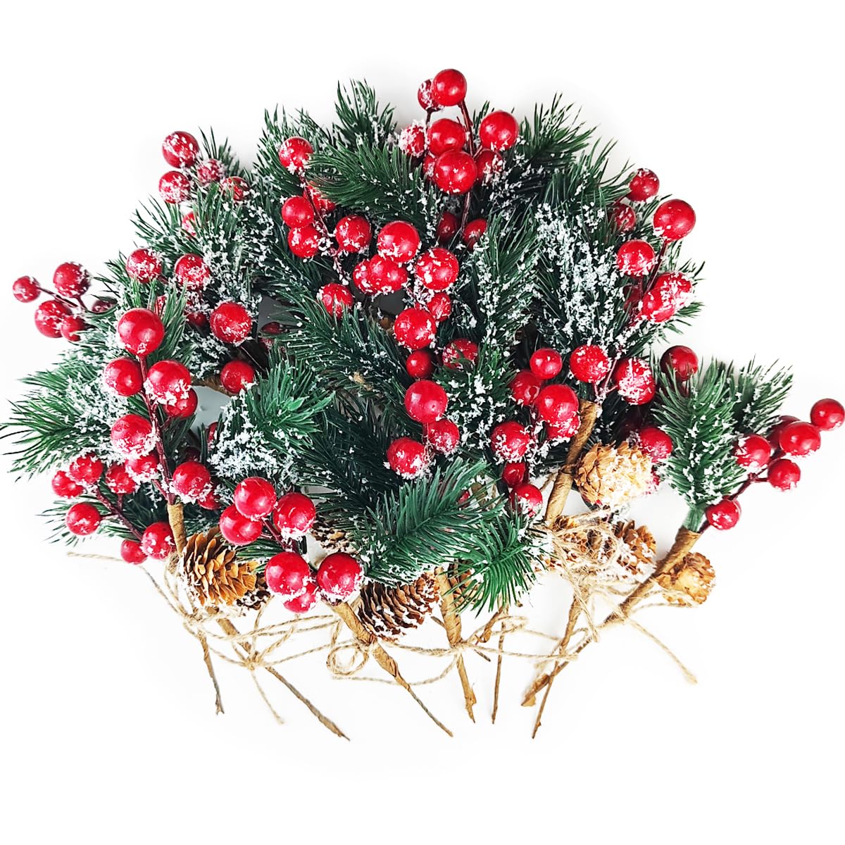 TIHOOD 20PCS 8inch Artificial Christmas Floral Picks, Red Fake Berry Picks Stems, Pine Branches with Pinecones Holly Leaves for Vase Floral Arrangement Wreath Winter Holiday Season Decor Crafts
