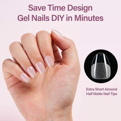 Misssix Short Almond Gel Nail Tips Kit, 216Pcs Pre Etched Clear Fake Nails, Full Cover False Nail 9-in-1 Gel Glue and Portable Mini U V Nail Lamp for Women 12 Sizes