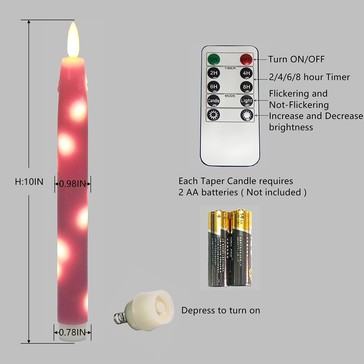HVTDECOR Flameless Flickering Taper Candles Battery Operated with Embedded String Lights, wtih Timer and Remote, LED Real Wax Tapered Dinner Candle Set of 2 (Pink)