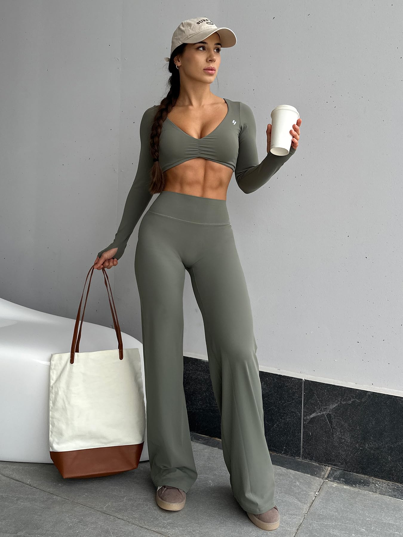 YEOREO Workout Leggings Womens No Front Seam Straight Leggings 35" High Waist Buttery Eddiy Gym Yoga Pants Gray Green XS